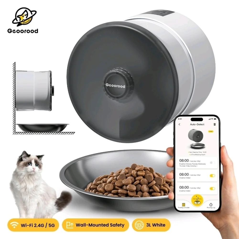 Wall-Mounted Pet Auto Feeder, 10mm Clog-Free, 2.4G/5G WiFi, Dual Power (WHITE)